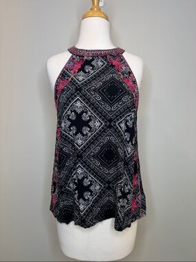 Savanna Jane Black Halter Bandana-Print Tank with Embroidered Collar Size Small